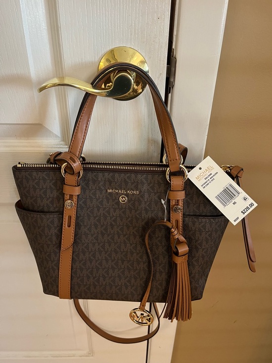 Michael Kors Handbags - Michael Kors Brown Monogram Tote with Tan Leather Trim